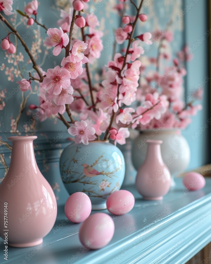 decorations in the interior for Easter with painted eggs and spring flowers on blue background . seasonal, religious holiday concept. decorations in the interior for Easter with painted eggs and spring flowers on blue background . seasonal, religious holiday concept.