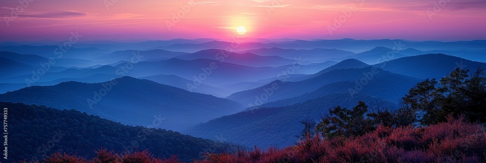 Mountains Slopes On Background Crimson Sun, Background Banner HD