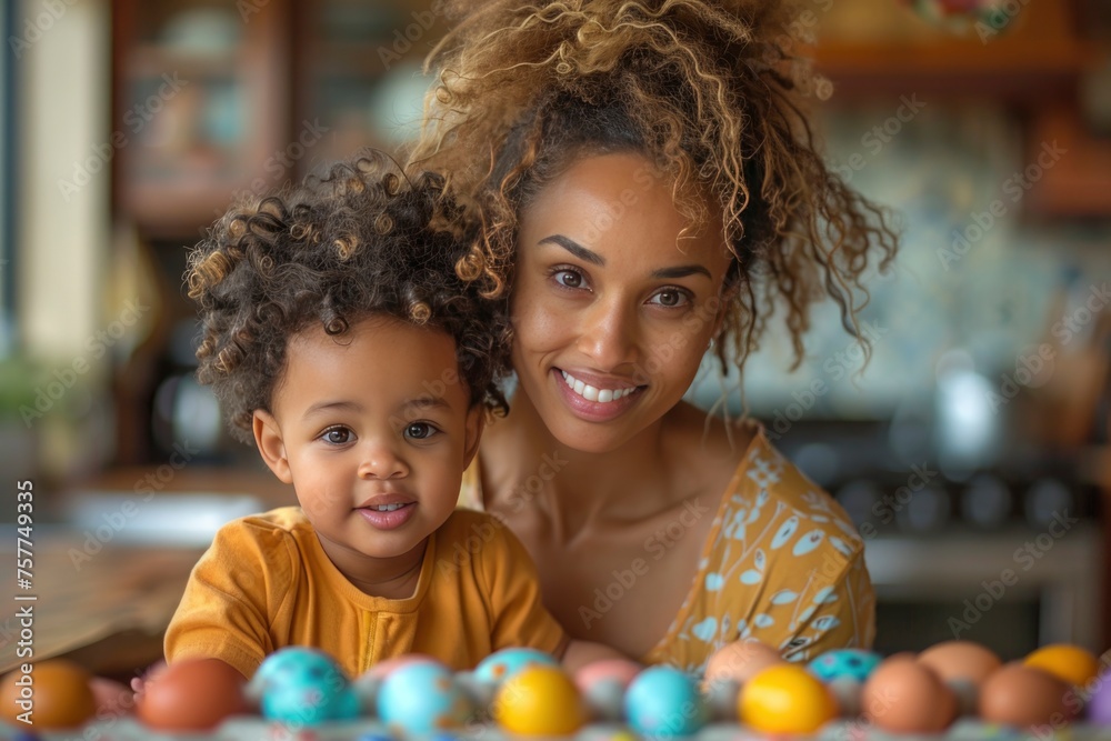 black family from mother and son against the background of colored eggs. happy easter concept. homemade, seasonal, religious holiday style black family from mother and son against the background of colored eggs. happy easter concept. homemade, seasonal, religious holiday style