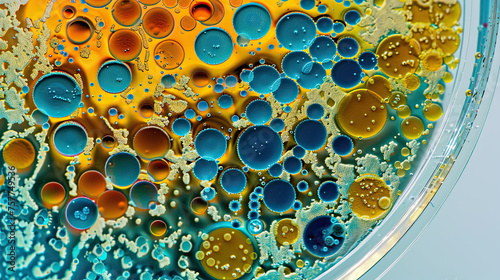 This image features a Petri dish with a vivid array of bacterial colonies, showcasing a spectrum from blues to yellows, emphasizing the diversity and beauty of microbial life.