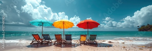 Ocean Beach Chairs Umbrella Palm Trees, Background Banner HD