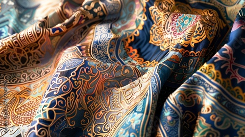 Produce a lifelike Metotype artwork depicting the intricate patterns and textures of traditional Asian textiles