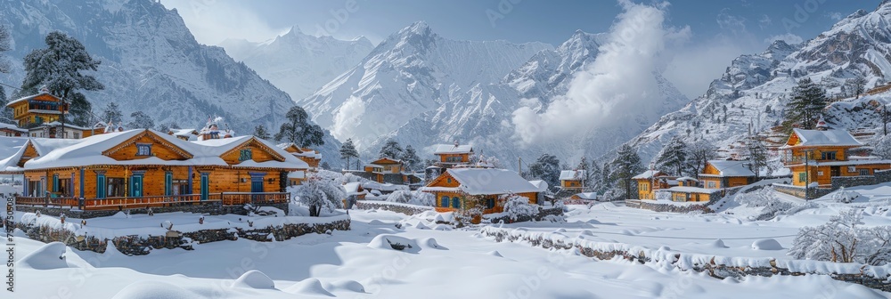 Scenic View Snowy Mountain Village, Background Banner HD Scenic View Snowy Mountain Village, Background Banner HD