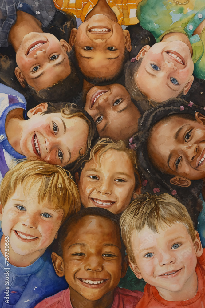 illustration of a group of children with their heads sticking out smiling. The children are from very different backgrounds and yet form a unit. illustration of a group of children with their heads sticking out smiling. The children are from very different backgrounds and yet form a unit.