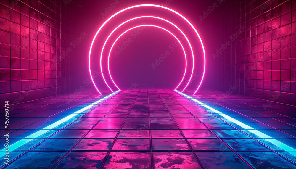 Retro style 80s neon tunnel door synthwave futuristic Sci-fi street shape with neon lines background. Generated AI - obrazy, fototapety, plakaty 