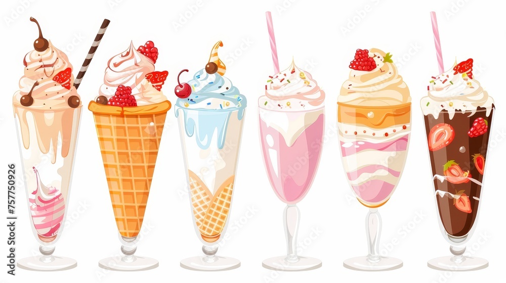 Milkshake, vanilla ice cream in a cone, ice cream balls in a cup, milky shake, drinks in glasses with straws. Sugar dairy products. Modern illustration isolated on white. Milkshake, vanilla ice cream in a cone, ice cream balls in a cup, milky shake, drinks in glasses with straws. Sugar dairy products. Modern illustration isolated on white.