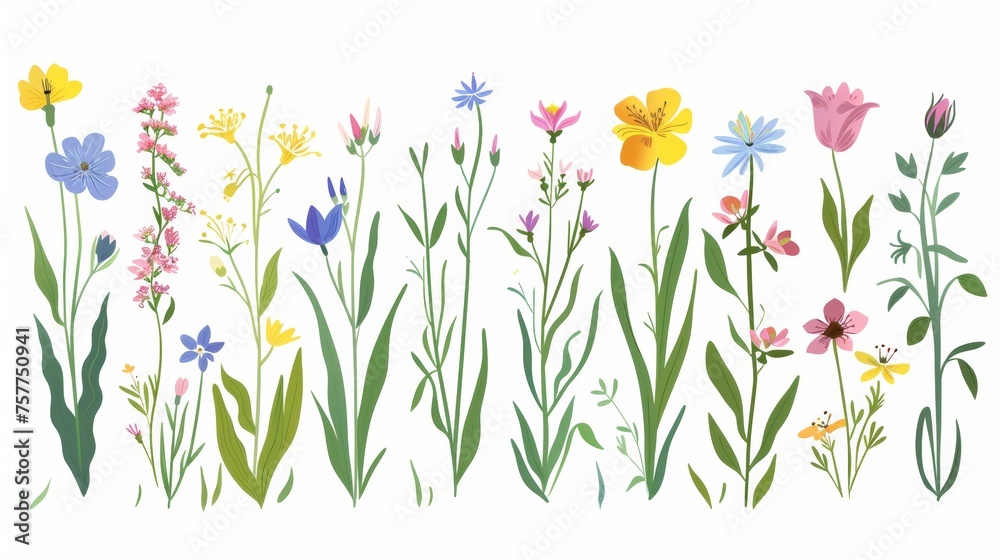A delicate delicate delicate floral flora. Charming wildflowers on white background. Spring flowers. Field floral plants. Natural summer wild blooms, stems, and leaves. Flat modern illustration.