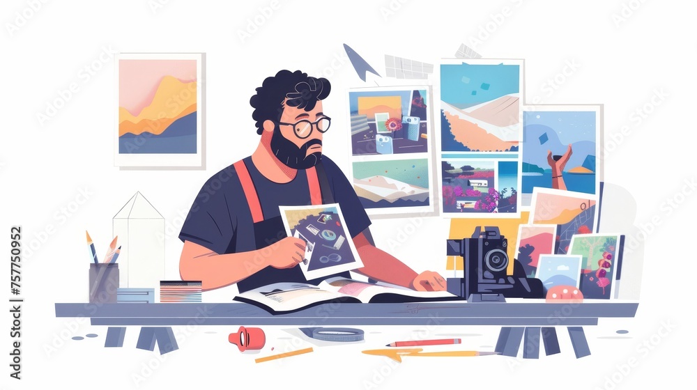 Photojournalist with printed photos on a table, camera at the ready. Photographer working on a creative photography project with printed photos and a picture album. Isolated on white, flat modern