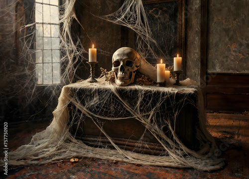 Skull on the altar entwined with cobwebs, Generative AI