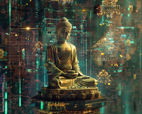 Zen Buddha statues line the streets of a cyberpunk city their calm an antidote to the surrounding digital matrix frenzy