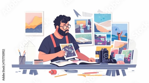 Photojournalist with printed photos on a table, camera at the ready. Photographer working on a creative photography project with printed photos and a picture album. Isolated on white, flat modern