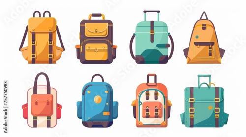 Isolated on white background, flat modern illustrations of tourist luggage. Bags, backpacks, rucksacks, spinner-wheel suitcases, valise, tourist packages of different types. © Mark