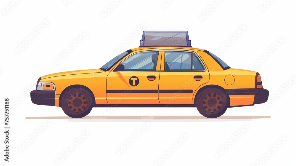 Car used for passing through the city. Yellow cab, automobile, city ride service. Classic taxicab with sign on the roof. Urban road motor vehicle. Flat modern illustration isolated on white.