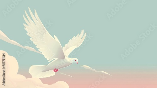 A free white pigeon flies in the sky spreading wings. Peace, hope, love, freedom symbol. Modern flat illustration.