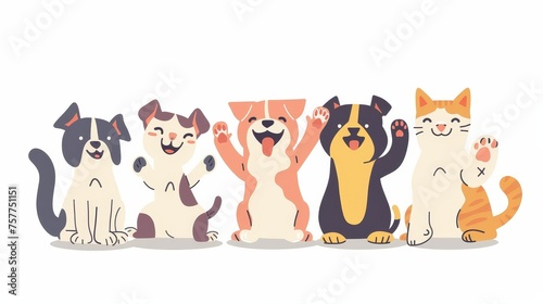 Pets giving high five with paws. Happy dogs and cats greeting each other. Flat graphic modern illustration isolated on white background.