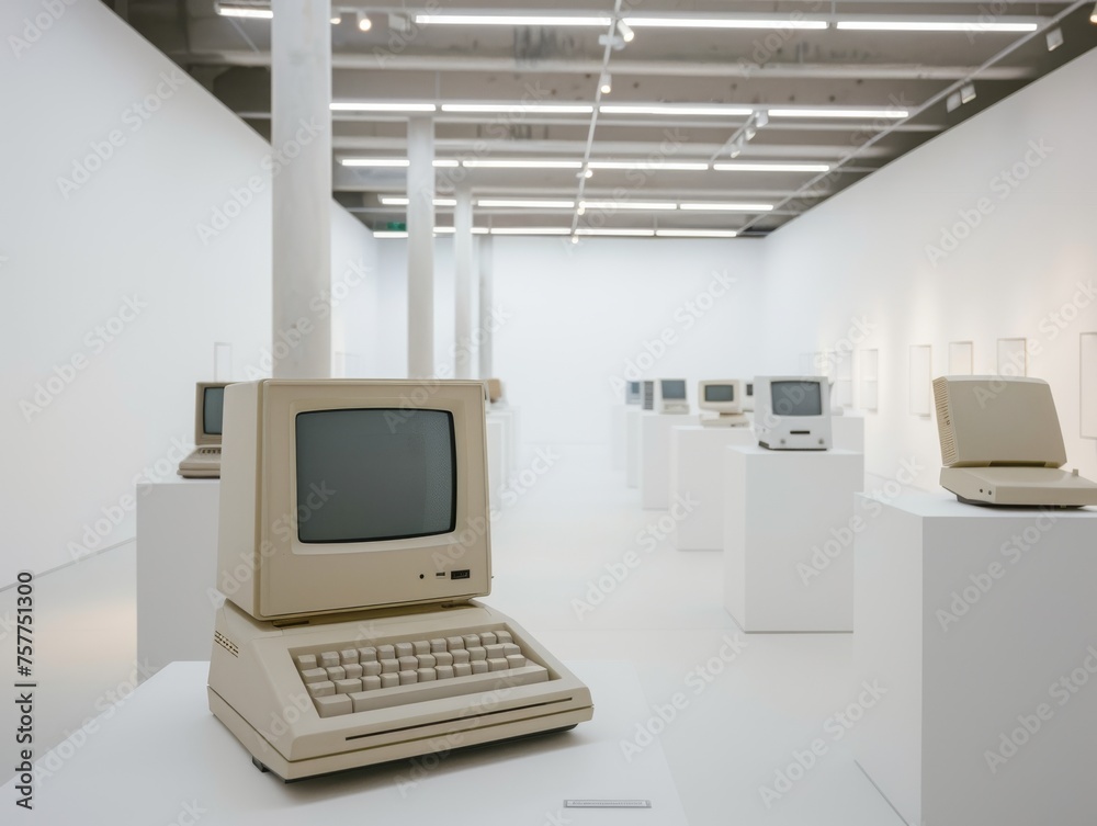 Old computer on a clean white desk minimalist design highlighting technology evolution Old computer on a clean white desk minimalist design highlighting technology evolution
