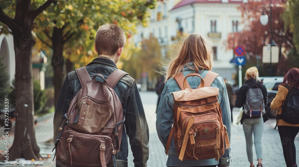 Students walking to school together, friendship and education concept Students walking to school together, friendship and education concept
