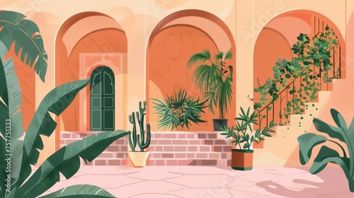 The architecture of the Moroccan city of Marrakech and Medina style. Berber house with arches and plants. Traditional Moroccan and Arab arcs, stairs. Modern illustration.