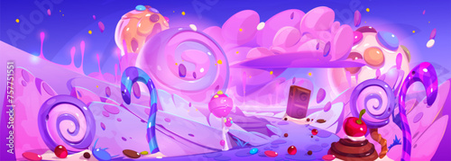 Fantasy sweet candy land game landscape background. Cute cake and confectionery food with chocolate in dream scene panorama design. Lollipop dessert in candyland world with road and childish nature