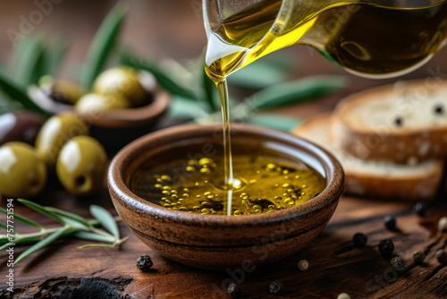 Olive Oil and Olives in bowl glass on Wooden Table at still life rustic setting of olive oil glass bottle and a bowl jug of mixed liquid extra virgin olives on a wooden table indoor homemade photo