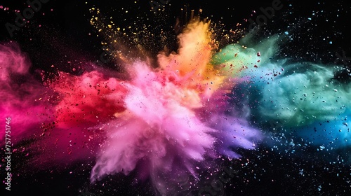 Colorful powder explosion, abstract dust backdrop closeup