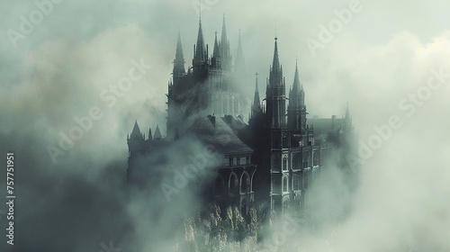A mysterious castle shrouded in mist with towering spires and secret passageways