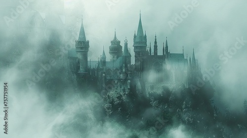 A mysterious castle shrouded in mist with towering spires and secret passageways