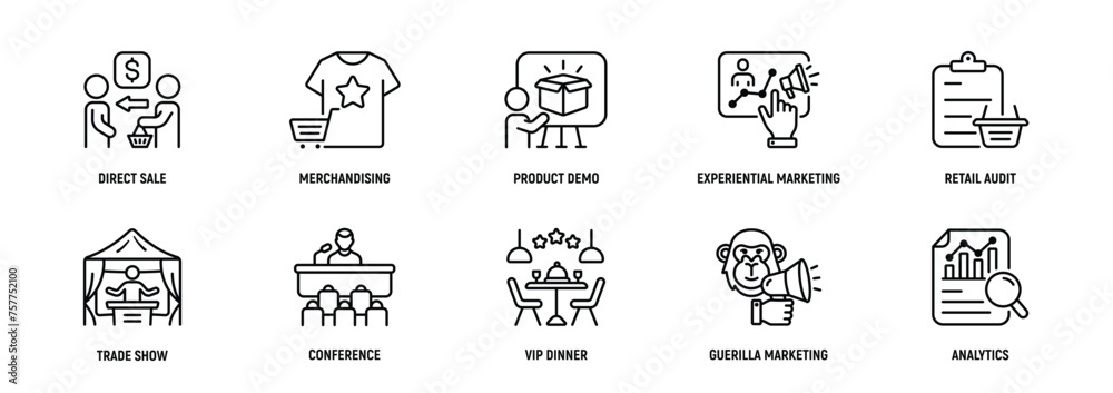 Field Marketing icon Line Icon Set, Editable Stroke. Direct, Sale, Merchandising, Product, Demo, Experiential, Retail, Audit, Strategy.