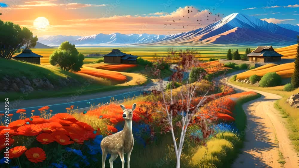 sunset in the village with a deer on mountains background. Seamless looping time-lapse 4k video animation background