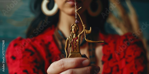Portrait of a young beautiful woman astrologer or fortune teller holding a miniature symbol of Sagittarius, horoscope zodiac sign concept, horoscope prediction. © SnowElf