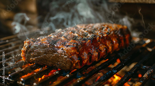 Prime rib sizzling on a grill smoke rising