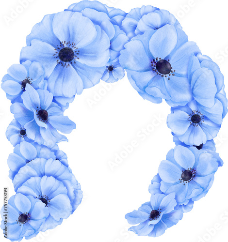 A stunning hairstyle adorned with intricate blue watercolor anemones, ideal for images targeting fashion, beauty, bridal, and floral-themed content