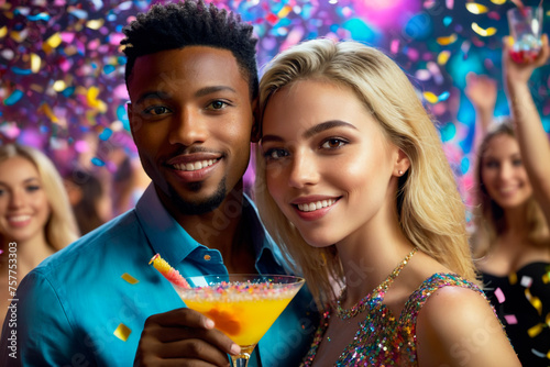 Happy young woman and man with cocktail at a party on the background of party people and colorful flakes and confetti.