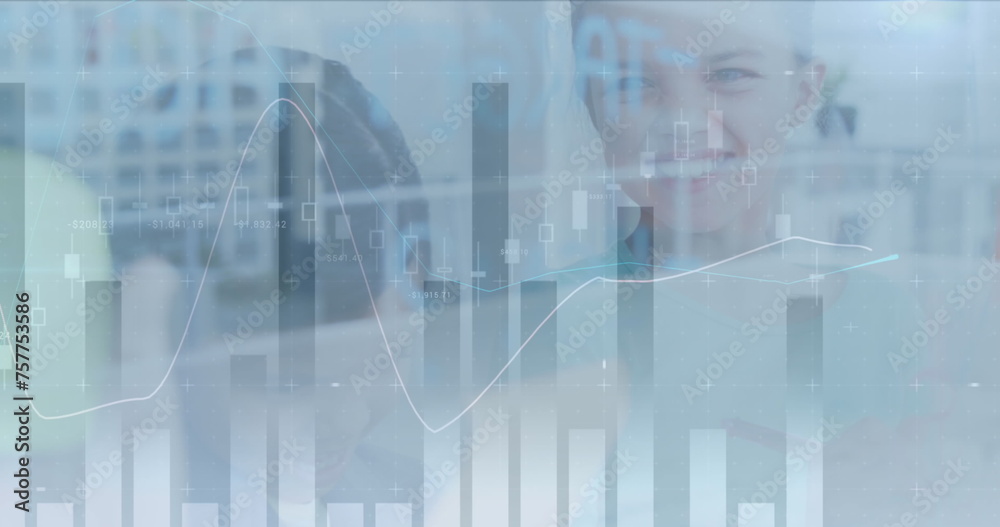 Obraz premium Image of financial data processing over happy schoolgirl