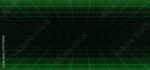 3d green matrix line wire grid space background. Perspective futuristic wireframe room with mesh dimension. Neon vaporwave floor and horizon design. Laser cyberspace or abstract arena with ceiling