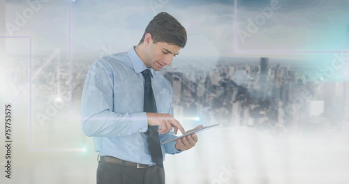 Image of network of glowing connections over businessman using tablet and cityscape