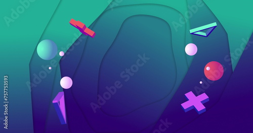 Image of abstract shapes moving on green to blue background