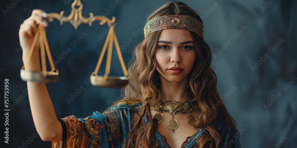 Portrait of a young beautiful woman astrologer or fortune teller holding a miniature symbol of Libra, horoscope zodiac sign concept, horoscope prediction, copy space. - obrazy, fototapety, plakaty 