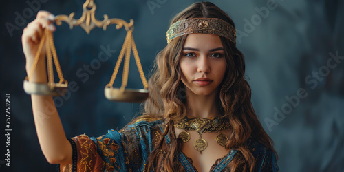 Portrait of a young beautiful woman astrologer or fortune teller holding a miniature symbol of Libra, horoscope zodiac sign concept, horoscope prediction, copy space. © SnowElf