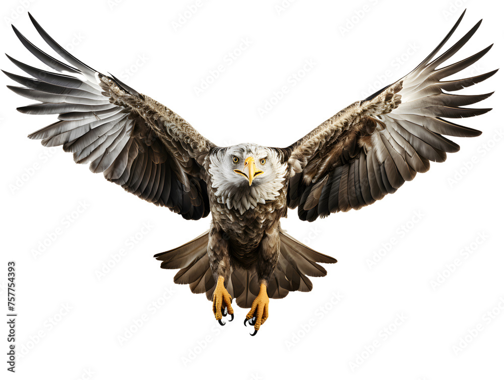 Obraz premium Eagle Flying with Spread Wings Isolated on Transparent Background. Close Up of a Hawk
