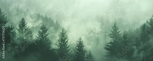 Misty green forest. Foggy landscape