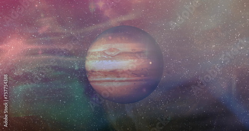 Image of brown planet in smoky red, green and brown space