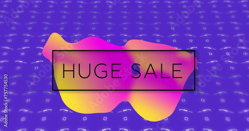 Image of huge sale over violet background with rotating white squares