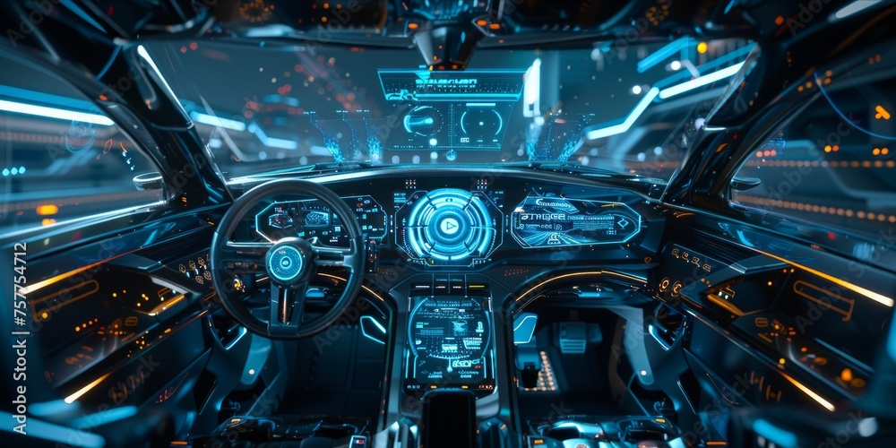 Futuristic car dashboard with holographic displays Futuristic car dashboard with holographic displays