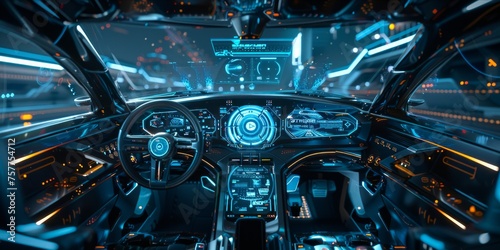 Futuristic car dashboard with holographic displays