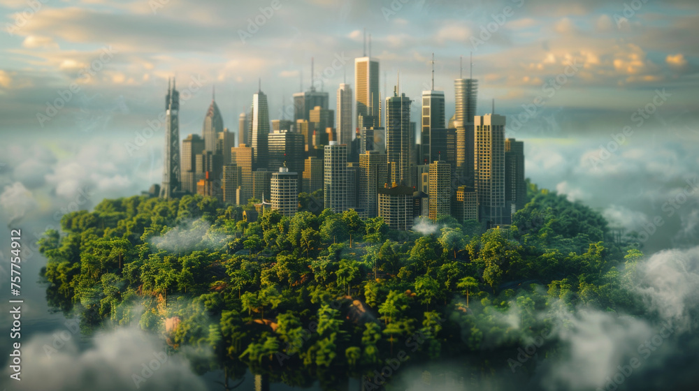 Surreal concept of a green, eco-friendly cityscape floating above the clouds, symbolizing urban sustainability.