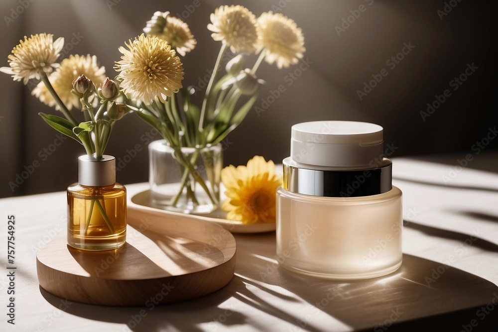 bottles of perfume and flower-cosmetic products bottles of perfume and flower-cosmetic products