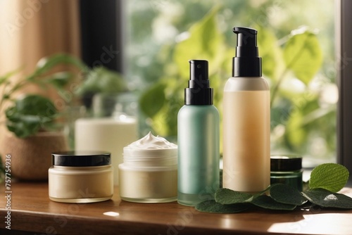 bottles of lotion and cream with flower background-cosmetic products