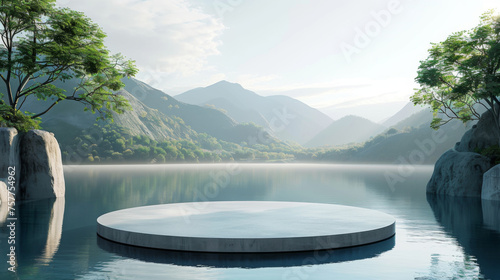 Peaceful  reflective lake surrounded by lush greenery and a circular platform  with mountains in the backdrop.