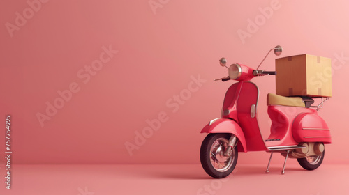 A classic red scooter stands ready for delivery with a large brown box secured on the back against a pink background.